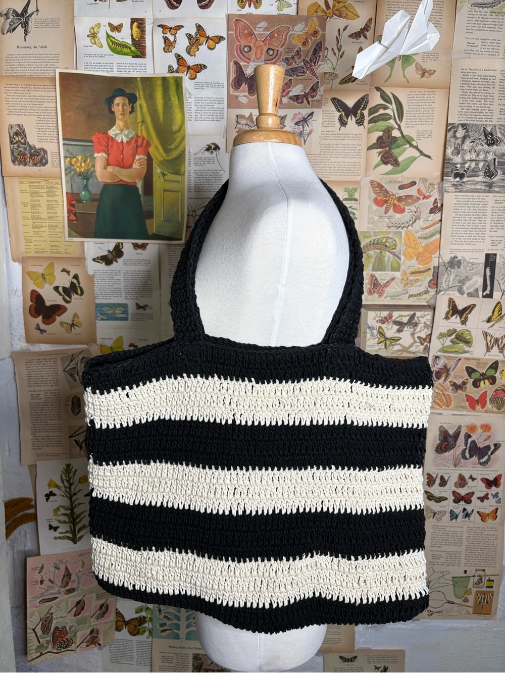 a new day Black and Cream Striped Crochet Tote